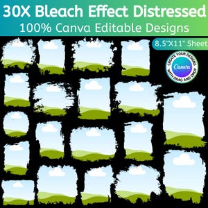 Puede incluir: Una hoja de diseño digital con 30 diseños editables de Canva con efecto de lejía y aspecto desgastado. Cada diseño tiene un fondo de cielo azul, paisaje verde y nubes blancas. La hoja mide 21,59 cm x 27,94 cm e incluye el logotipo de Canva.