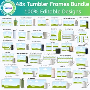 Puede incluir: Gráfico que presenta 48 diseños de marcos para vasos, incluyendo tazas, frascos y botellas. El texto dice "48x Tumbler Frames Bundle" y "100% Editable Designs". La imagen incluye varios estilos de vasos con fondos de paisajes.