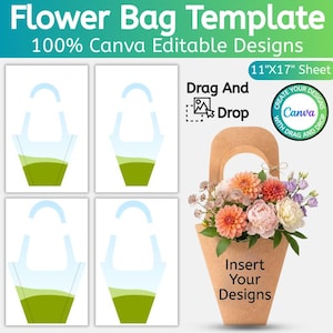 Plantilla para bolsa de flores, soporte para flores editable en Canva, bolsa de regalo de flores imprimible, empaque para ramos DIY, bolsa para recuerdos de fiesta, descarga instantánea