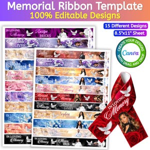 Puede incluir: Una plantilla digital para cintas conmemorativas con 15 diseños distintos en una hoja de 21,6x27,9 cm. Los diseños incluyen motivos florales, de nubes y palomas con el texto In Loving Memory y espacios para nombres y fotos para Canva.