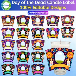 Op de afbeelding: Een collectie van twintig kaarslabels voor de Dag van de Doden met kleurrijke bloemmotieven, suikerschedels en skeletten. Elk label bevat een centraal ovaal kader voor personalisatie en een leeg lint voor tekst.