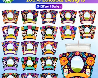 20 modelos de etiquetas para velas do Dia dos Mortos em Canva, etiquetas editáveis ​​para velas de oferenda, etiquetas digitais para imprimir para o Dia de los Muertos.