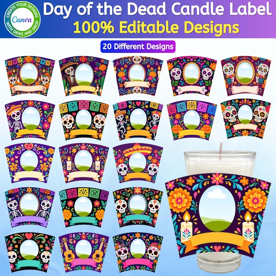 20 Day of the Dead Candle Label Canva Template, Editable Ofrenda Candle Labels, Dia de los Muertos Printable, Memorial Candle Labels Digital