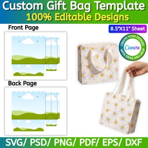 May include: A custom gift bag template for an 8.5"x11" sheet, featuring front and back page layouts with a blue sky and green hill design. Two assembled gift bags with white ribbon handles and a daisy floral pattern are shown alongside a Canva logo.