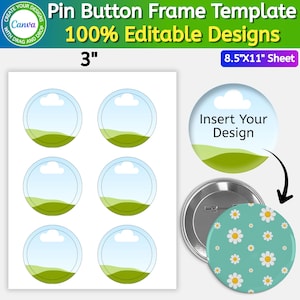 Puede incluir: Una plantilla digital para chapas de 3 pulgadas en una hoja de 8,5x11 pulgadas, con seis contornos circulares que muestran un cielo azul y colinas verdes. Incluye una chapa de muestra con un patrón de margaritas blancas sobre fondo turquesa.