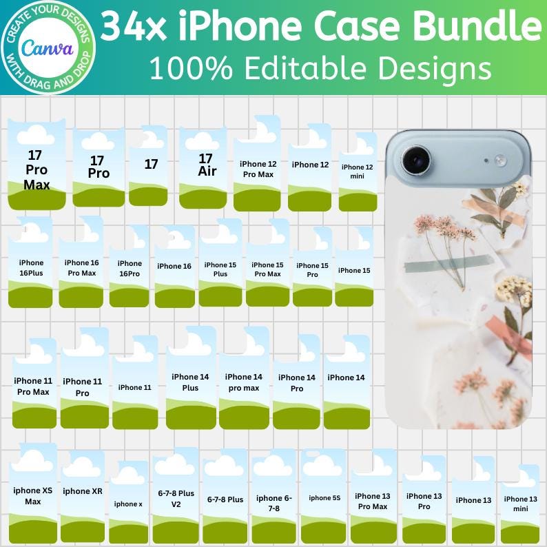 May include: A promotional image for a 34-piece iPhone case bundle. The image features a variety of phone case designs, including cases for iPhone 17 Pro Max, iPhone 16 Pro Max, and iPhone 14 Plus. The text reads "100% Editable Designs."