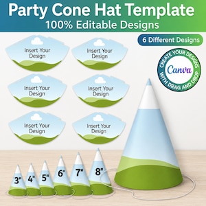 Könnte beinhalten: Ein Set aus Party-Hut-Vorlagen mit sechs bearbeitbaren Designs und dem Text Party Cone Hat Template, 100% Editable Designs und 6 Different Designs. Enthält sechs flache Vorlagen und sechs zusammengebaute Kegelhüte mit den Beschriftungen 3, 4, 5, 6, 7 und 8 Zoll.