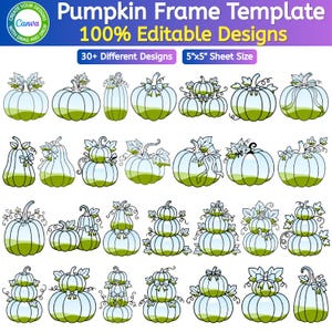 May include: A digital collection of over 30 pumpkin frame templates featuring 5x5 inch sheet sizes. The graphic set displays various pumpkin shapes in light blue and green, including stacked, single, and bow-adorned designs with editable features.