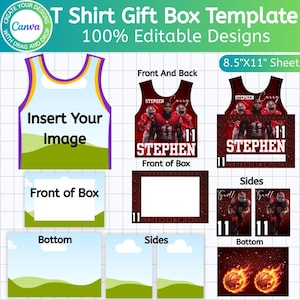 Puede incluir: Una plantilla de caja de regalo para camisetas con diseños editables. El diseño incluye una camiseta, vistas frontal y trasera, laterales e inferior. La parte frontal de la caja presenta un jugador de fútbol americano con el nombre "Stephen" y el número "11". El tamaño de la hoja es de 21,59 cm x 27,94 cm.