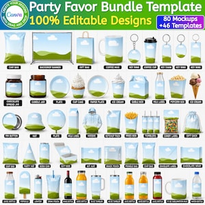 May include: A digital party favor bundle template featuring 80 editable designs and 46 templates. The image displays a grid of various product mockups including mugs, bags, apparel, and containers, all decorated with a blue sky and green hill pattern.