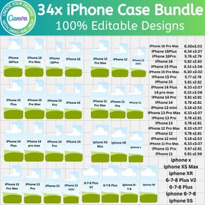 May include: A graphic showing a bundle of 34 iPhone case designs, all editable. The cases are arranged in a grid, with labels for different iPhone models, including iPhone 16 Pro Max, iPhone 15, and iPhone 14.