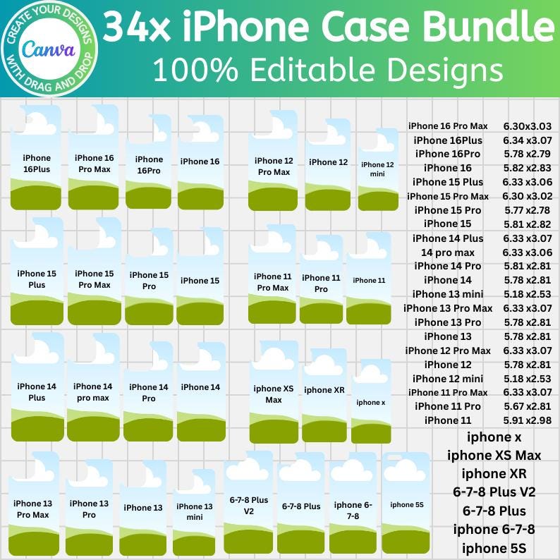 May include: A graphic showing a bundle of 34 iPhone case designs, all editable. The cases are arranged in a grid, with labels for different iPhone models, including iPhone 16 Pro Max, iPhone 15, and iPhone 14.