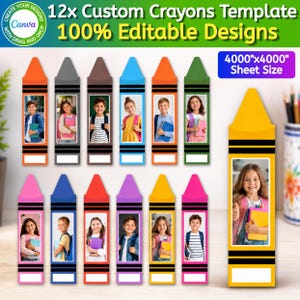 Pode incluir: Um modelo digital com 12 molduras em forma de giz de cera com espaços para fotos, rotulado 12x Custom Crayons Template 100% Editable Designs e 4000"x4000" Sheet Size. Cada giz de cera tem uma cor diferente e inclui o retrato de uma criança.