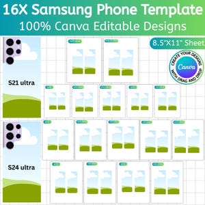 Puede incluir: Una plantilla de diseño digital para teléfonos Samsung, con 16 modelos diferentes. El diseño es de 21,6 cm x 27,9 cm y es 100% editable en Canva. La plantilla incluye modelos como S21 Ultra y S24 Ultra, con un diseño de paisaje verde y blanco.