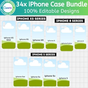 May include: A graphic showcasing a bundle of 34 iPhone case designs. The cases are displayed with a sky and grass design, and are labeled for various iPhone models, including XS, 8, and 5 series. The text "100% Editable Designs" is also present.