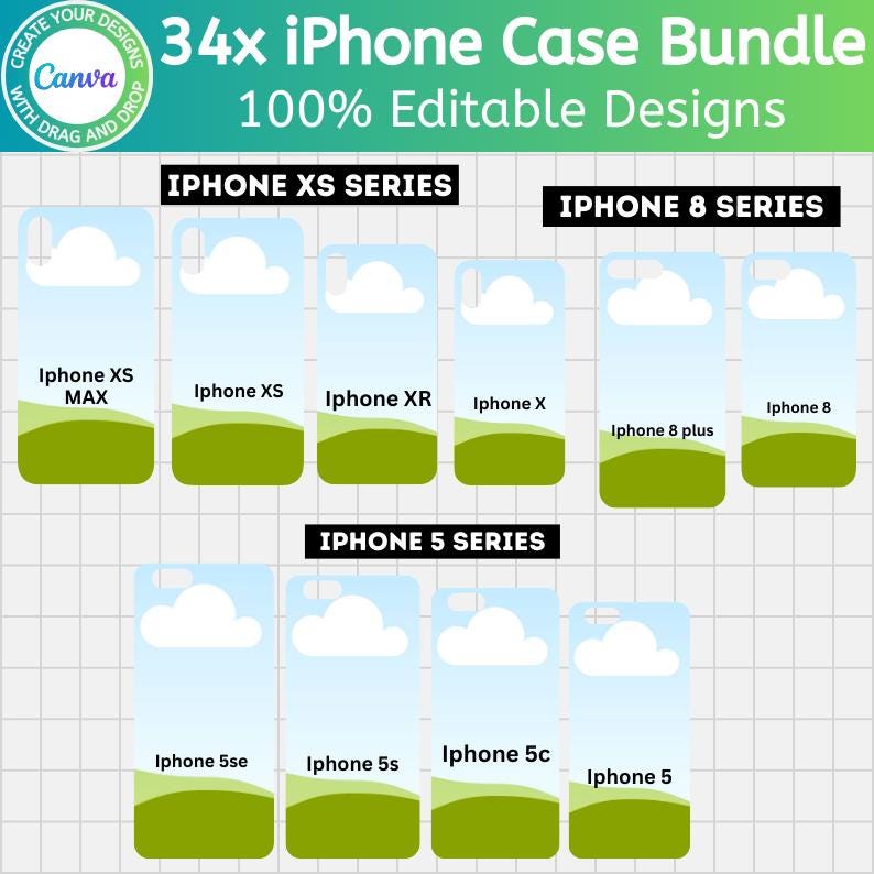 May include: A graphic showcasing a bundle of 34 iPhone case designs. The cases are displayed with a sky and grass design, and are labeled for various iPhone models, including XS, 8, and 5 series. The text "100% Editable Designs" is also present.