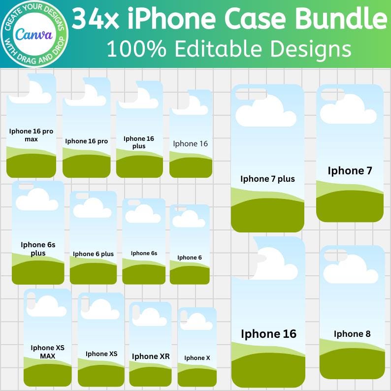 May include: A bundle of 34 iPhone case designs, each featuring a sky and landscape scene. The cases are compatible with various iPhone models, including iPhone 16 Pro Max, iPhone 7, and iPhone 6s Plus. The text reads "34x iPhone Case Bundle" and "100% Editable Designs."