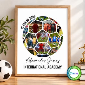 Puede incluir: Un póster enmarcado con un collage en forma de balón de fútbol compuesto por varias fotos de acción de jugadores. El texto dice CLASS OF 2026, Alexander James e INTERNATIONAL ACADEMY. El diseño está sobre un fondo blanco en un marco de madera.