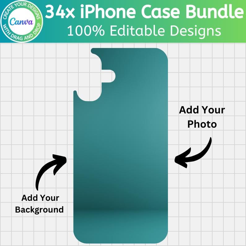 May include: Teal iPhone case template with the text "34x iPhone Case Bundle" and "100% Editable Designs." The image includes arrows pointing to areas to add a photo and background. The Canva logo is in the upper left corner.