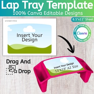 Könnte beinhalten: Eine rosa Schoßtablettvorlage mit dem Text "Insert Your Design" und "13"X19" A2 Size". Das Bild zeigt auch eine kleinere Vorlage mit dem Text "Insert Your Design" und "8.5"x11" Sheet". Die Worte "Drag And Drop" sind ebenfalls sichtbar.
