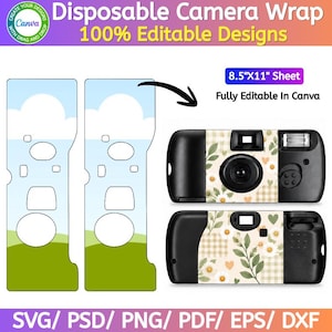 May include: A digital template for a disposable camera wrap on an 8.5"x11" sheet, featuring a sky and grass design. The image displays two flat wrap layouts and two cameras decorated with a floral pattern of white daisies, green leaves, and hearts.