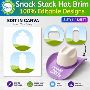 Sjabloon voor een hoedrand met stapelbare snacks, bewerkbaar Canva cowboy/cowgirl feestartikel, westernhoed frame met sleep-en-drop functie, doe-het-zelf versiering voor een chipsblik, digitaal bestand