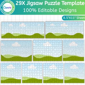 Pu&ograve; includere: Un modello per 29 puzzle, ciascuno con un design paesaggistico di colline verdi, cieli blu e nuvole bianche. Il modello &egrave; progettato per un foglio A4 (circa 21,6 x 27,9 cm) ed &egrave; modificabile al 100%. Il logo Canva &egrave; visibile.