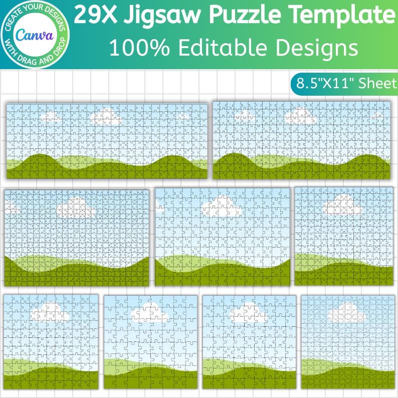 Pu&ograve; includere: Un modello per 29 puzzle, ciascuno con un design paesaggistico di colline verdi, cieli blu e nuvole bianche. Il modello &egrave; progettato per un foglio A4 (circa 21,6 x 27,9 cm) ed &egrave; modificabile al 100%. Il logo Canva &egrave; visibile.