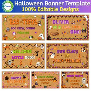 Plantilla de pancarta de Halloween, decoración de fiesta espeluznante editable en Canva, letrero de Halloween para el aula, truco o trato, pancarta para imprimir fotos, descarga digital