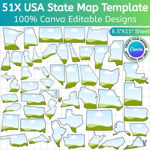 May include: A template featuring 51 USA state map outlines with a green and blue design. The text at the top reads "51X USA State Map Template" and "100% Canva Editable Designs". The sheet size is 8.5"x11". The Canva logo is also visible.