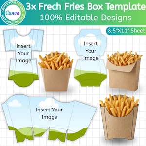 Puede incluir: Una plantilla para tres cajas de patatas fritas diferentes, con diseños editables. Las cajas se muestran con un fondo de paisaje y cielo, y llenas de patatas fritas doradas. El texto dice "3x Frech Fries Box Template" y "100% Editable Designs". El tamaño de la hoja es de 21,6 cm x 27,9 cm.