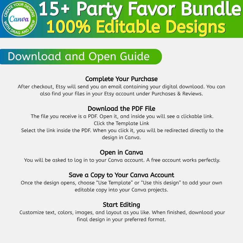 May include: A digital guide titled 15+ Party Favor Bundle 100% Editable Designs with a Download and Open Guide section. It outlines steps to complete a purchase, download a PDF, click a template link, open in Canva, save a copy, and start editing.