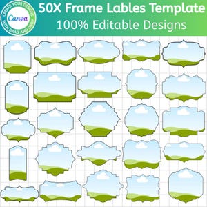 Op de afbeelding: Een sjabloon met 50 frame labels in verschillende vormen, elk met een lucht- en landschapsontwerp. De labels zijn zwart omlijnd en hebben een groen-blauw kleurenschema. De tekst bovenaan luidt "50X Frame Labels Template" en "100% Editable Designs."