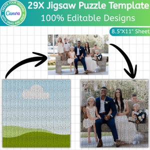 Pu&ograve; includere: Un modello di puzzle con il testo "29X Jigsaw Puzzle Template" e "100% Editable Designs". Il modello include una foto di famiglia e un'immagine di paesaggio, entrambe in un motivo a griglia, con le dimensioni di un foglio di 21,59 cm x 27,94 cm.