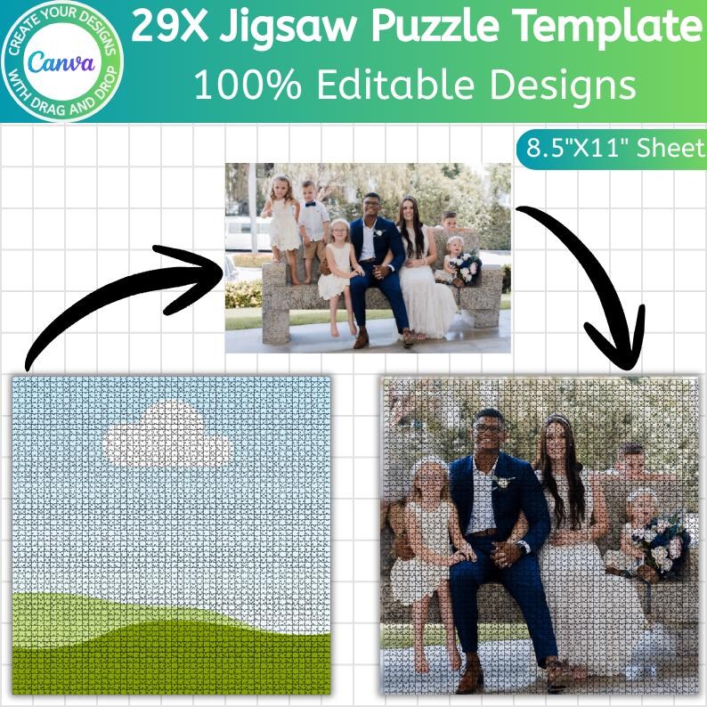 Pu&ograve; includere: Un modello di puzzle con il testo "29X Jigsaw Puzzle Template" e "100% Editable Designs". Il modello include una foto di famiglia e un'immagine di paesaggio, entrambe in un motivo a griglia, con le dimensioni di un foglio di 21,59 cm x 27,94 cm.