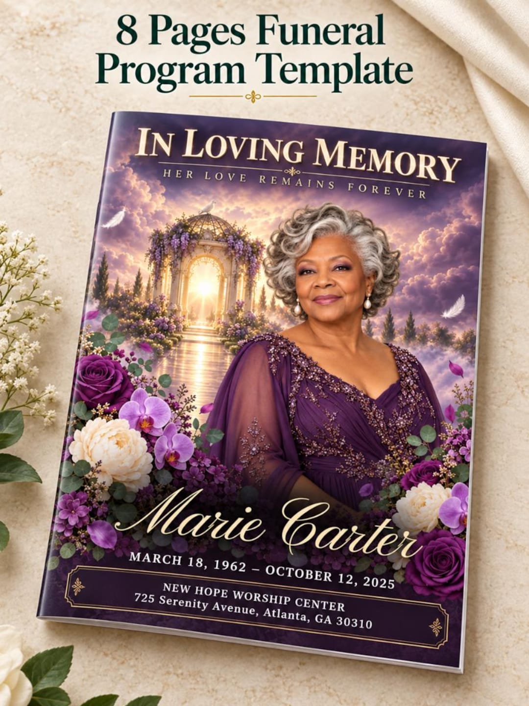 Program Order Layout Purple Lavender Funeral Program Template, Canva Editable 8 Pages ...