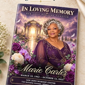 Può includere: Un modello di programma funebre di 8 pagine con il ritratto di una persona dai capelli grigi in un abito viola. La copertina mostra il testo In Loving Memory, Her Love Remains Forever, Marie Carter, March 18, 1962 – October 12, 2025, e New Hope Worship Center.