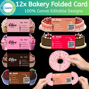 Pode incluir: Imagem promocional de cartões dobrados com tema de padaria. Os cartões apresentam designs com cupcakes, bolos e donuts. O texto nos cartões inclui "Olive", "Enjoy Goodness" e informações de contato. A imagem também exibe o logotipo da Canva e o texto: "12x Bakery Folded Card" e "100% Canva Editable Designs".
