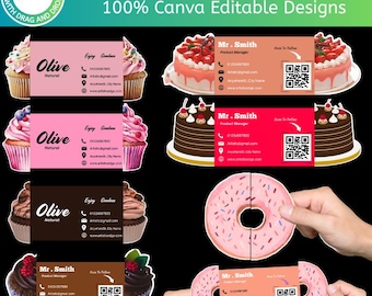Bakery Folded Business Card Template, Canva Editable Bakery Branding Card, Cake & Cupcake Shop Business Card, Printable Small Business Card