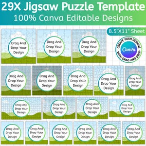 Pu&ograve; includere: Un modello per un design di puzzle da 29 pezzi, con il testo "29X Jigsaw Puzzle Template" e "100% Canva Editable Designs". Il design include pi&ugrave; layout di puzzle con il testo "Drag And Drop Your Design". Il formato del foglio &egrave; 21,6 cm x 27,9 cm.