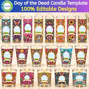 May include: A collection of Day of the Dead candle templates featuring 100% editable designs. The image displays various glass candles decorated with colorful patterns, skulls, flowers, and butterflies, each containing a central blank frame.