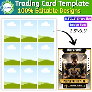 May include: A digital trading card template featuring a grid of nine blank cards with a sky and hill graphic, alongside a completed example card showing a football player, the text JAYDEN CARTER WIDE RECEIVER, and PLAYER OF THE YEAR, sized 6.35cm x 8.89cm.