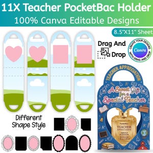 May include: A sheet of printable teacher appreciation PocketBac holders with Canva editable designs. The design includes four different styles of holders, including heart and square shapes, and a gift set with a PocketBac bottle.