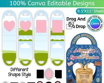 Plantilla para soporte de bolsillo para profesores, soporte de mano editable en Canva, regalo de agradecimiento para profesores, caja de regalo pequeña, función de arrastrar y soltar, descarga digital.