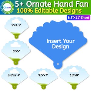 Puede incluir: Un conjunto de plantillas digitales con más de 5 abanicos ornamentados en una hoja de 8.5"x11". El gráfico muestra varias formas de abanicos con dimensiones etiquetadas como 5"x4.5", 6"x5", 8.8"x7.4", 9.5"x7" y 10"x8". Un abanico azul grande dice Insert Your Design.