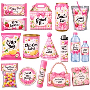 May include: A collection of pink party favour templates featuring daisy and bow motifs, including labels for candy bars, rice krispies, gable boxes, soda cans, juice pouches, chip bags, chip cans, party hats, lighters, 473 ml and 355 ml water bottles.