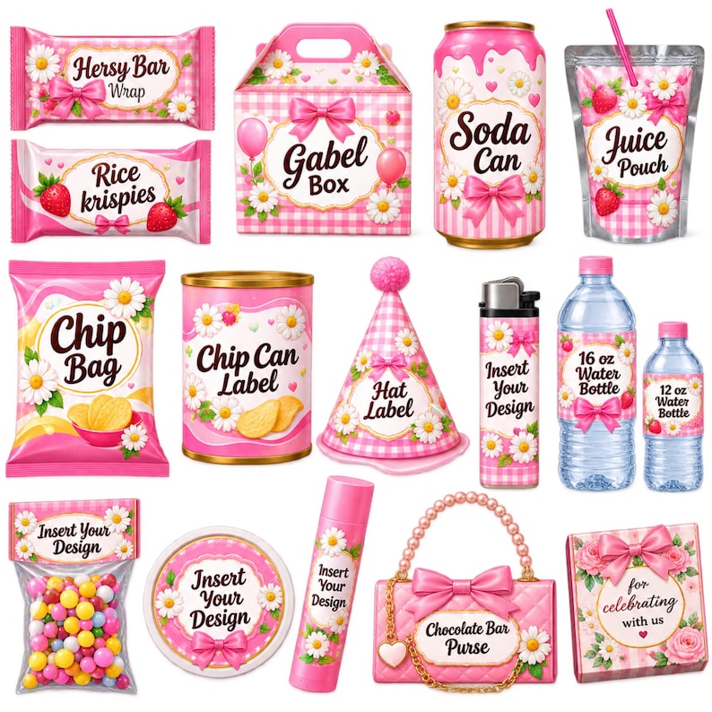 May include: A collection of pink party favour templates featuring daisy and bow motifs, including labels for candy bars, rice krispies, gable boxes, soda cans, juice pouches, chip bags, chip cans, party hats, lighters, 473 ml and 355 ml water bottles.