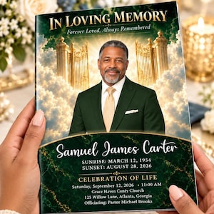 Pode incluir: Um livreto de programa funerário com o retrato de um homem de terno verde escuro e gravata dourada. A capa exibe o texto In Loving Memory, Samuel James Carter, e detalhes para uma celebração da vida na Grace Haven Canty Church.