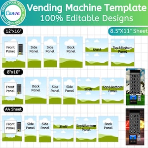 May include: A digital template for vending machine designs, featuring various panel layouts in sizes 12"x16", 8.5"x11", 8"x10", and A4. The design includes front, side, back, shelf, and top/bottom panels, with the text "Vending Machine Template" and "100% Editable Designs".