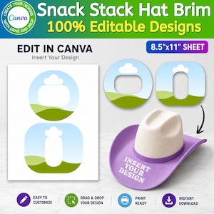 May include: A digital template for a snack stack hat brim on an 8.5 inch by 11 inch sheet. The design features editable blue sky and green hill graphics. A purple hat with a white crown displays the text INSERT YOUR DESIGN on the brim.
